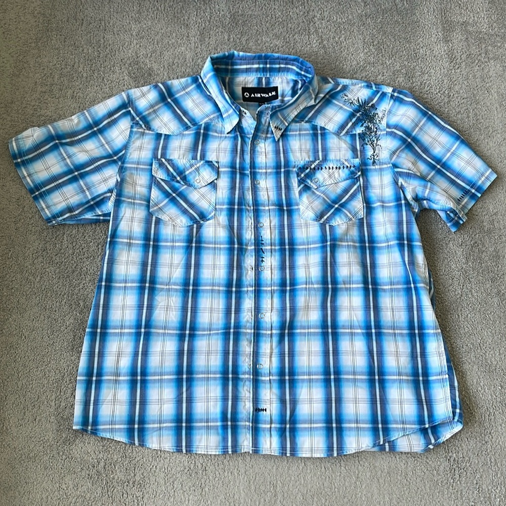 VGC Vintage Airwalk Blue Plaid Button Up Short Sleeve Shirt - Size XL
